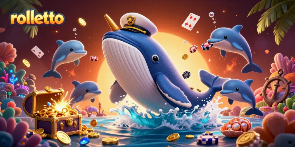 Win big with rolletto at this vibrant casino scene featuring playful dolphins and a golden whale.