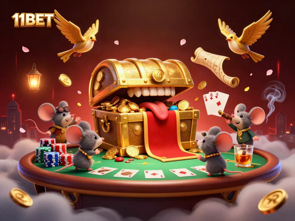 Engage in thrilling adventures with 11BET's playful treasure chest, surrounded by vibrant poker elements.