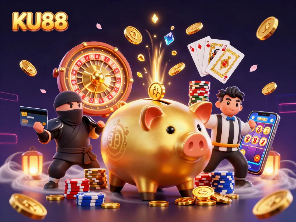 Join the ultimate gaming experience at KU88, featuring dynamic action with coins and vibrant casino elements.