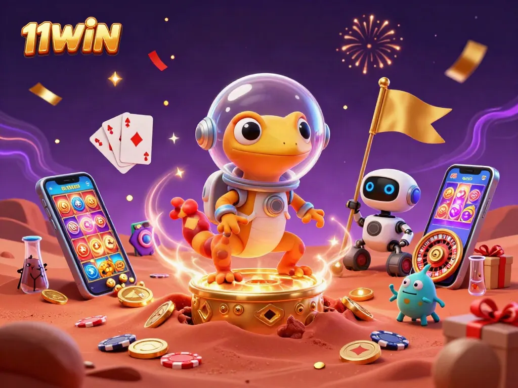 Experience thrilling wins at 11WIN with a vibrant illustration of a Martian gecko and casino gaming elements.
