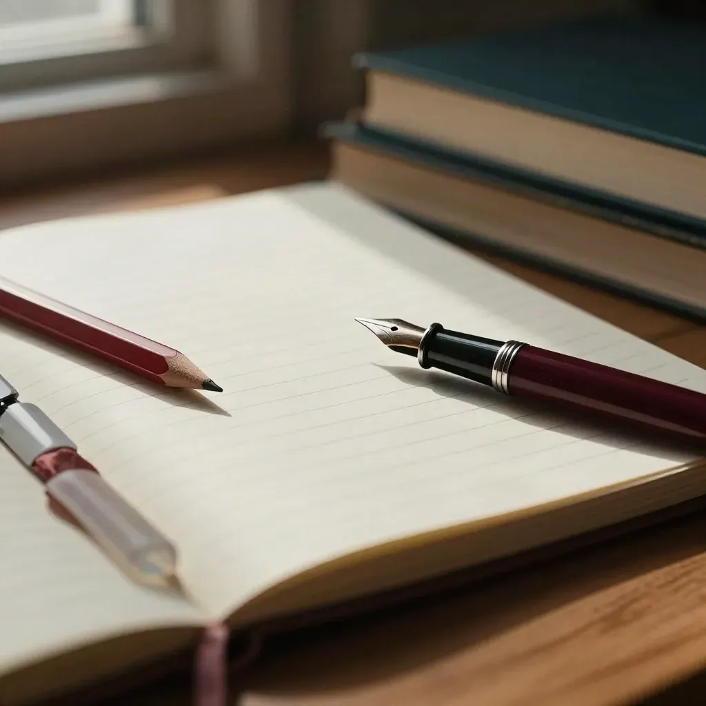 Close macro of a pen, pencil, notebook, tabs, ribbon, and hardback on warm wood.