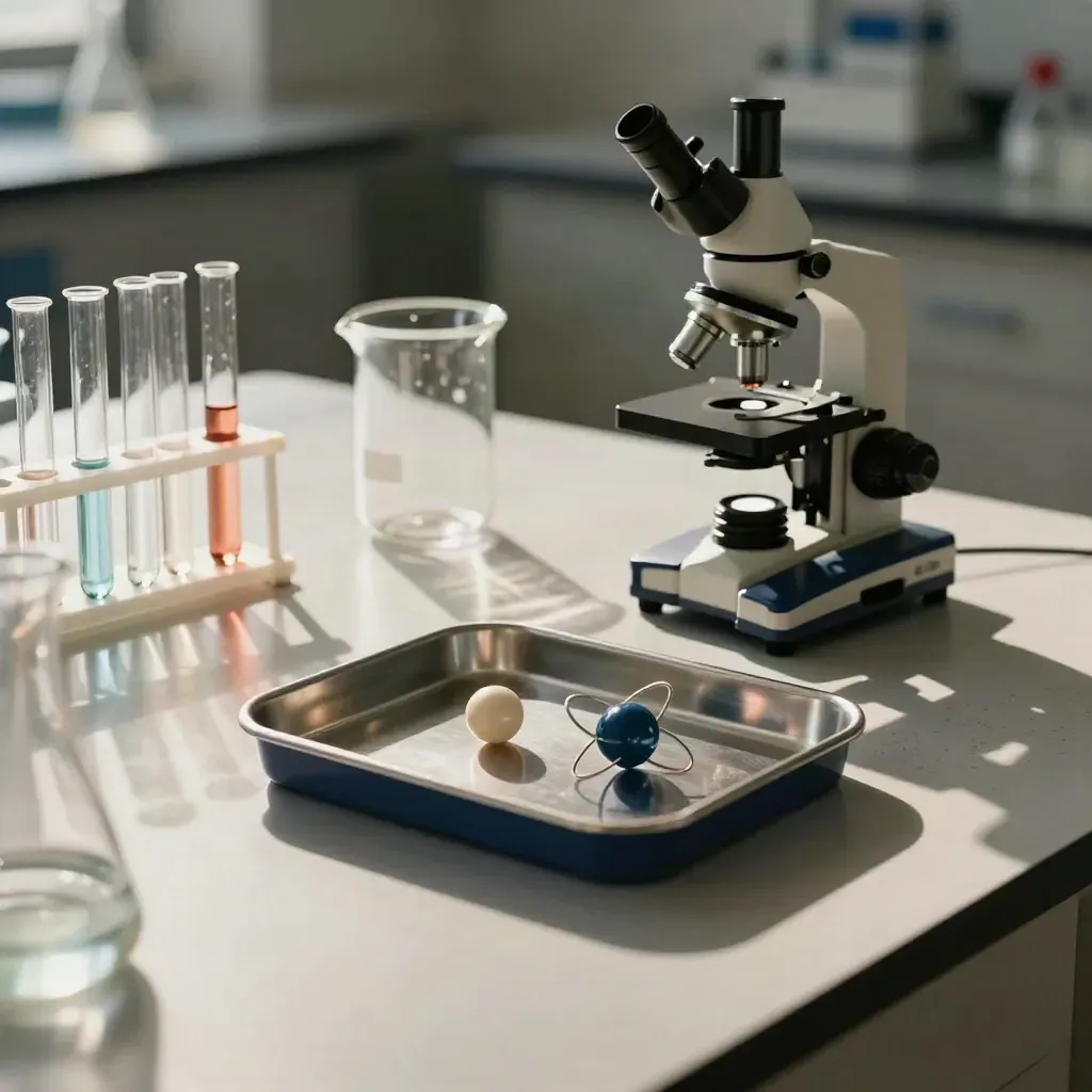 Science lab bench with microscope, beakers, test tubes, and atom models in cool light.