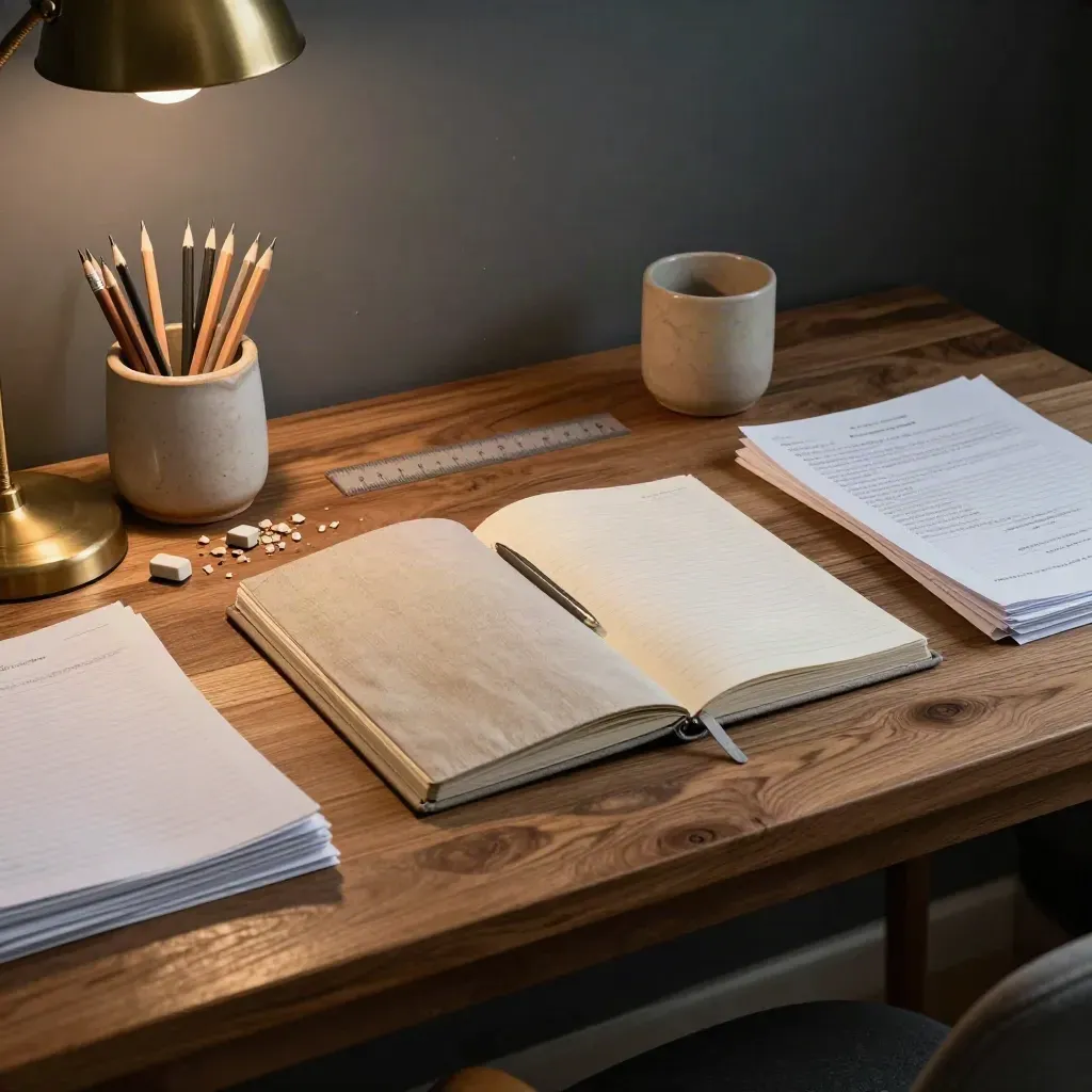 Homework desk with planner, pencils, eraser crumbs and folded worksheets in warm moody light.