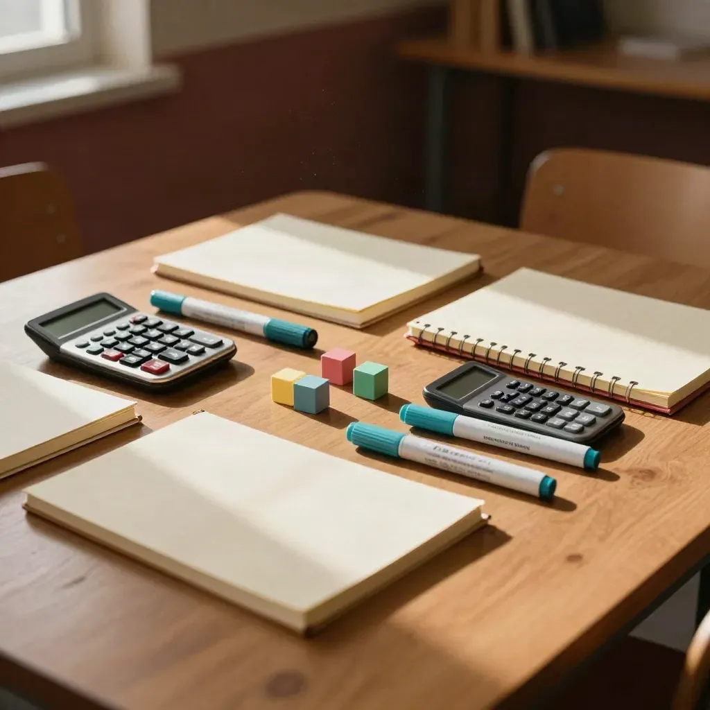 Grid of tutoring notebooks, calculators, markers and colour cubes on a warm oak table