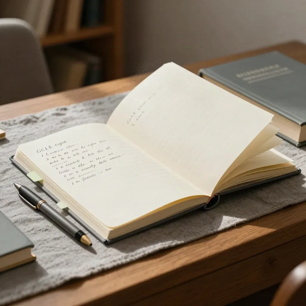 Tidy GCSE English writing corner with notebook, draft pages, tabs and pen on warm oak.