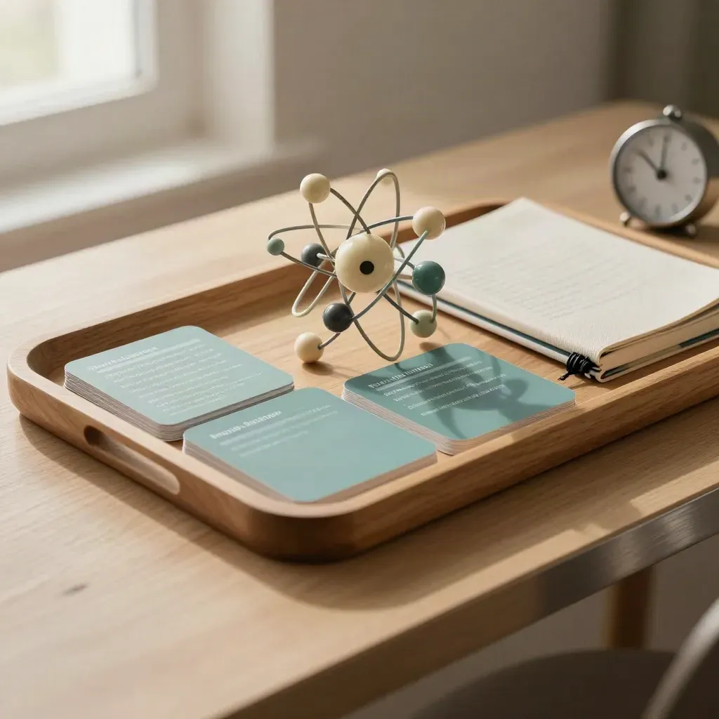Science revision tray with face-down cards, atom models, closed notebook and timer on oak.