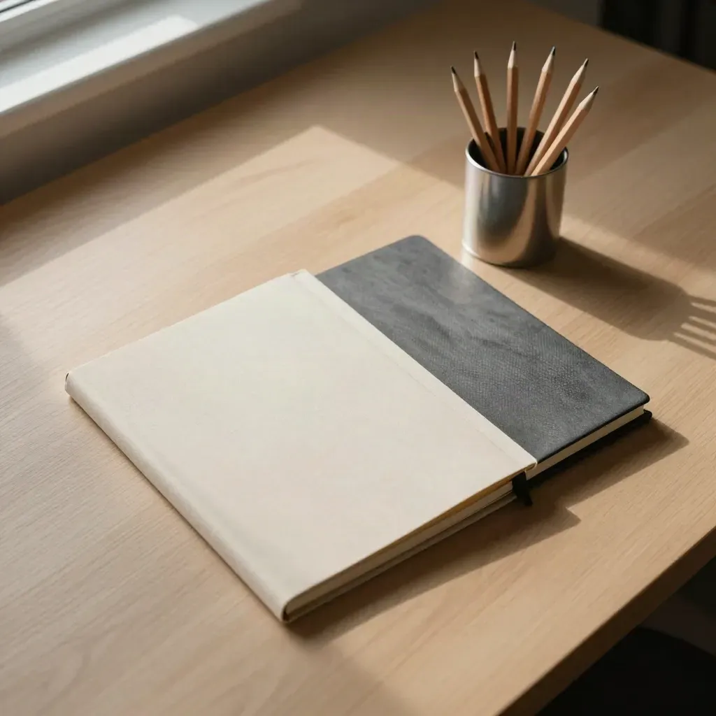 Top-down of a tidy homework desk with folder, notebook and pencil cup in warm light