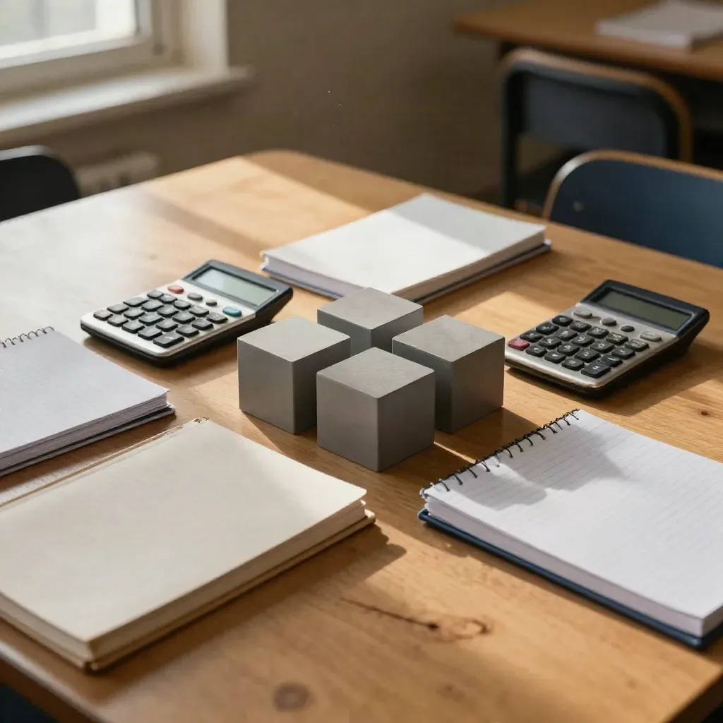 Four notebooks, calculators and study cubes arranged on a warm tutoring table in soft late light.