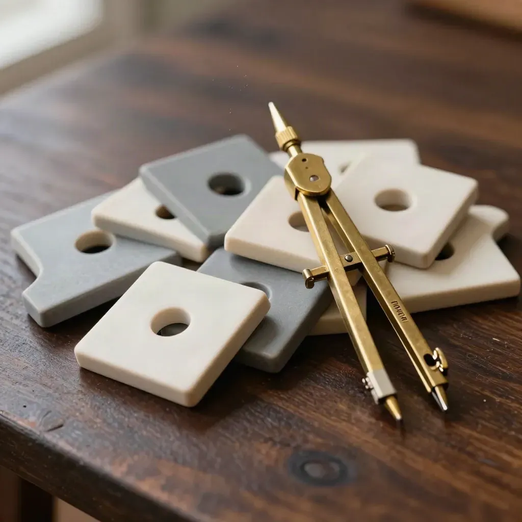 Brass compass, fraction discs and algebra tiles on dark wood in a precise macro still life
