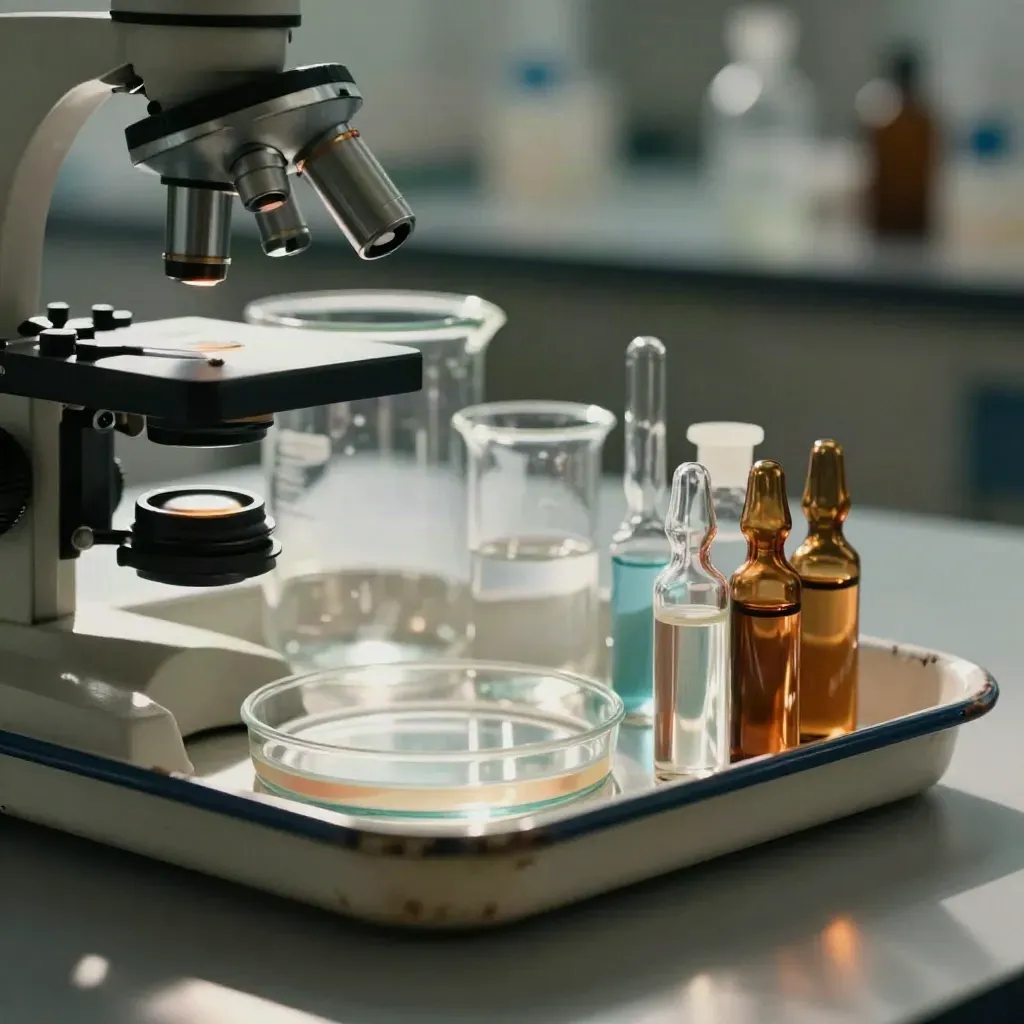 Microscope eyepiece, beakers, petri dish and glass vials on an enamel tray