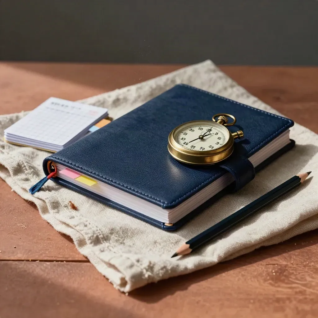 Study planner, brass stopwatch, tabs, cards and pencil on linen in warm editorial light