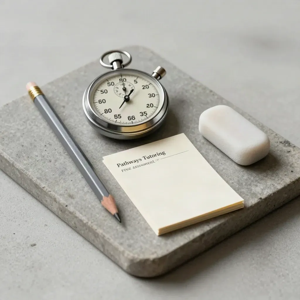 Pencil, stopwatch, eraser and cards arranged on a stone tray in soft daylight.