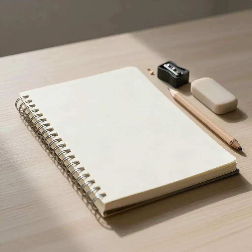 Open spiral notebook with pencil, sharpener and eraser on a pale wood desk