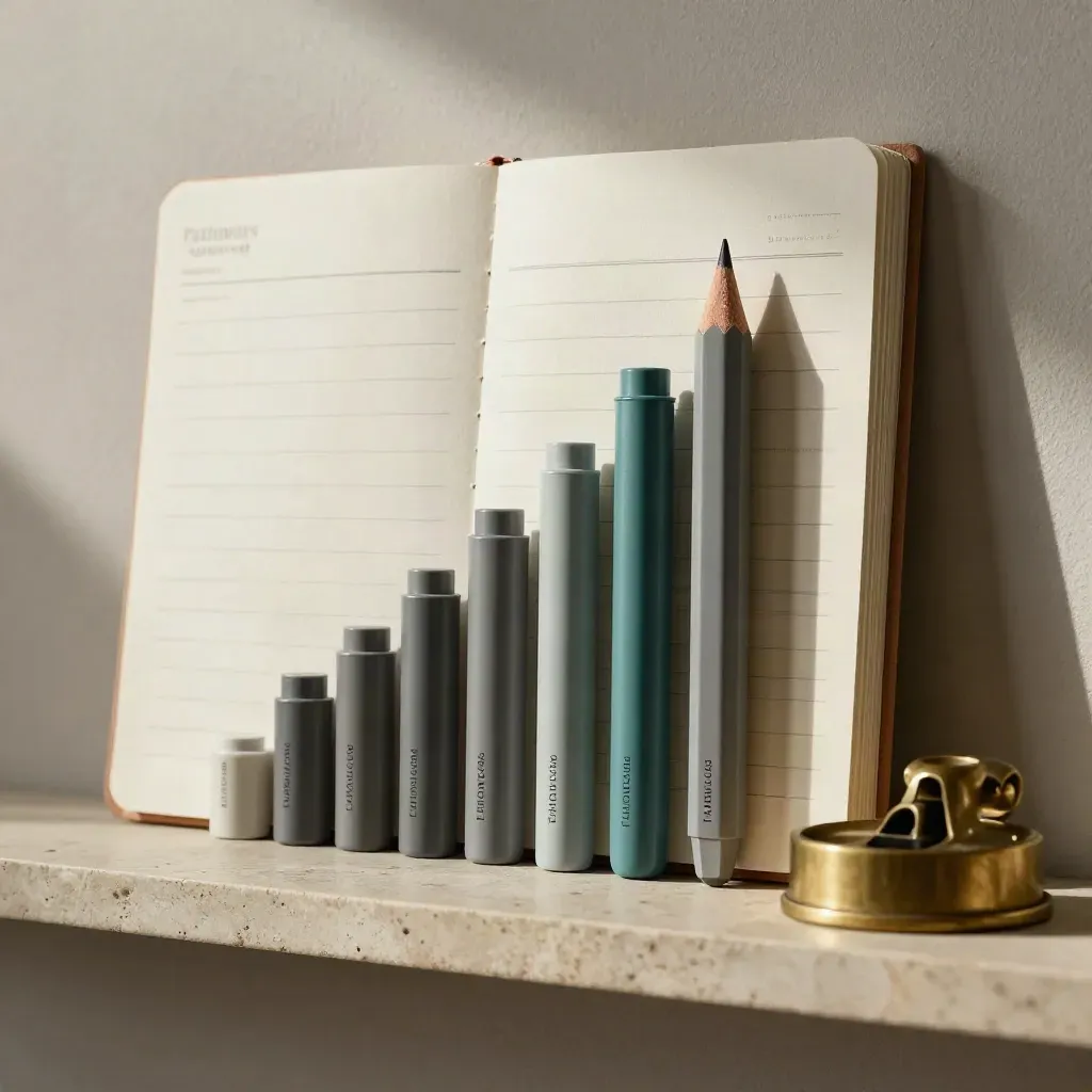 Stone shelf still-life of counters beside a closed planner, pencil, and brass paperweight.