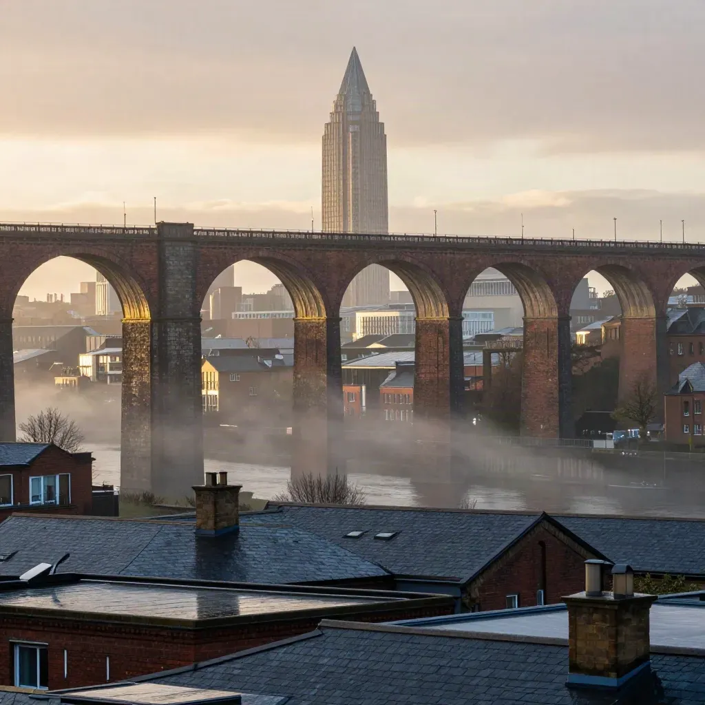 Greater Manchester skyline in dawn mist with Beetham Tower above wet rooftops