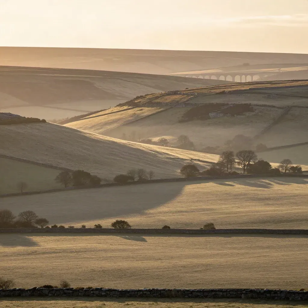 Golden-hour Lancashire valley with a distant stone viaduct and calm misty pasture for headline copy.