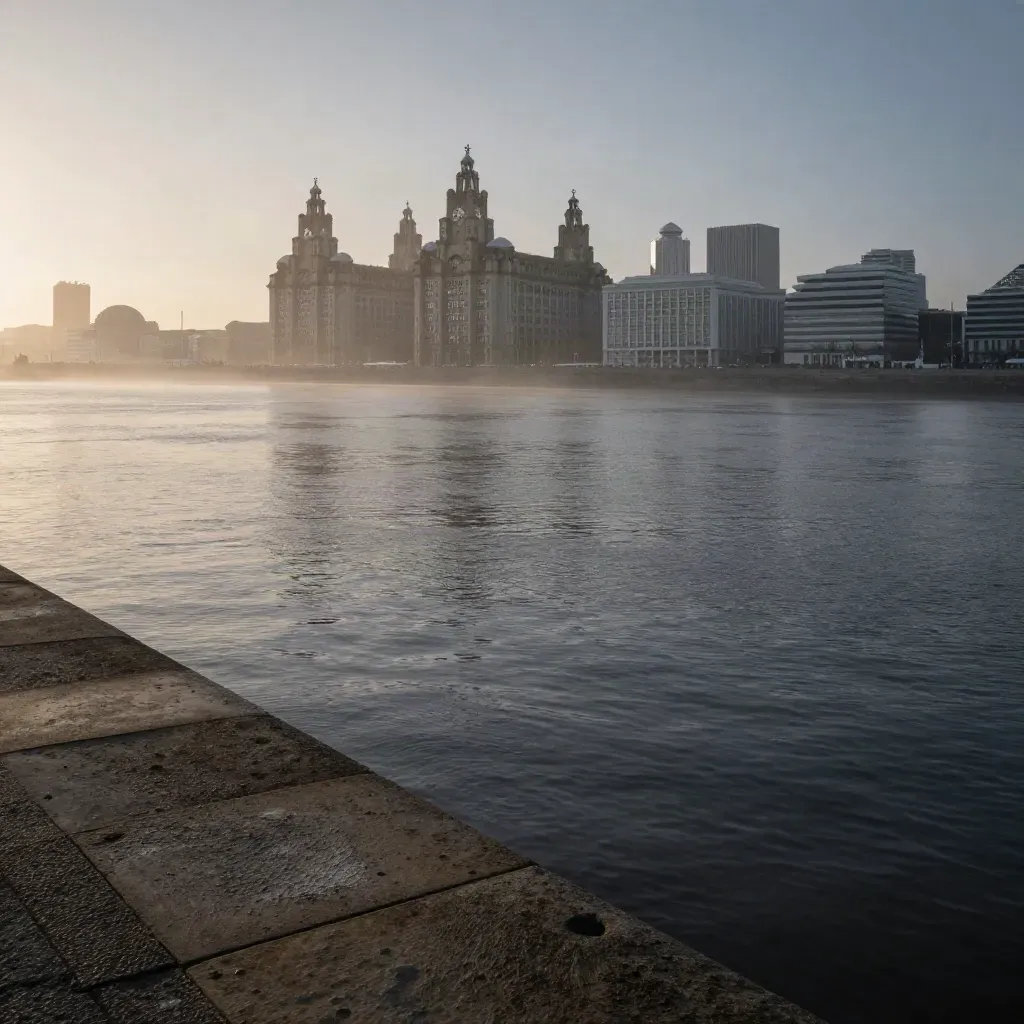 Liverpool skyline over misty Mersey water with a weathered quay edge at dusk