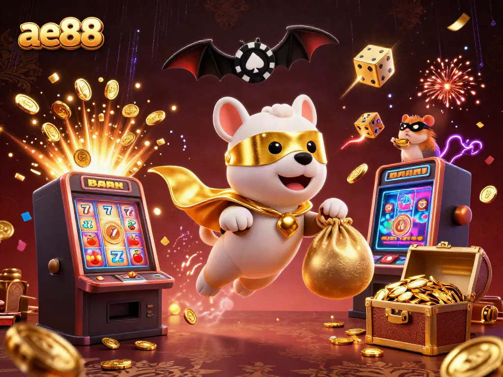 Engaging scene with superhero dog showcasing ae88 casino excitement through gold coins and slot machine.