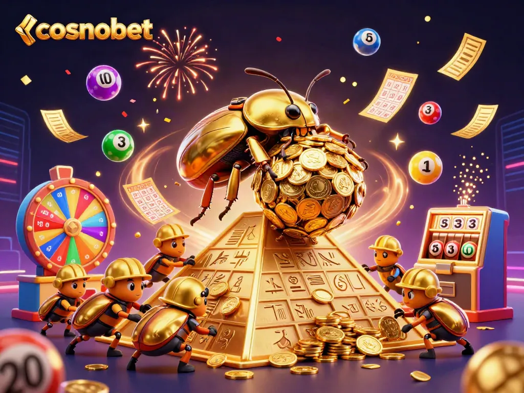 Experience the excitement of cosmobet with a vibrant illustration of a golden dung beetle and lottery elements.