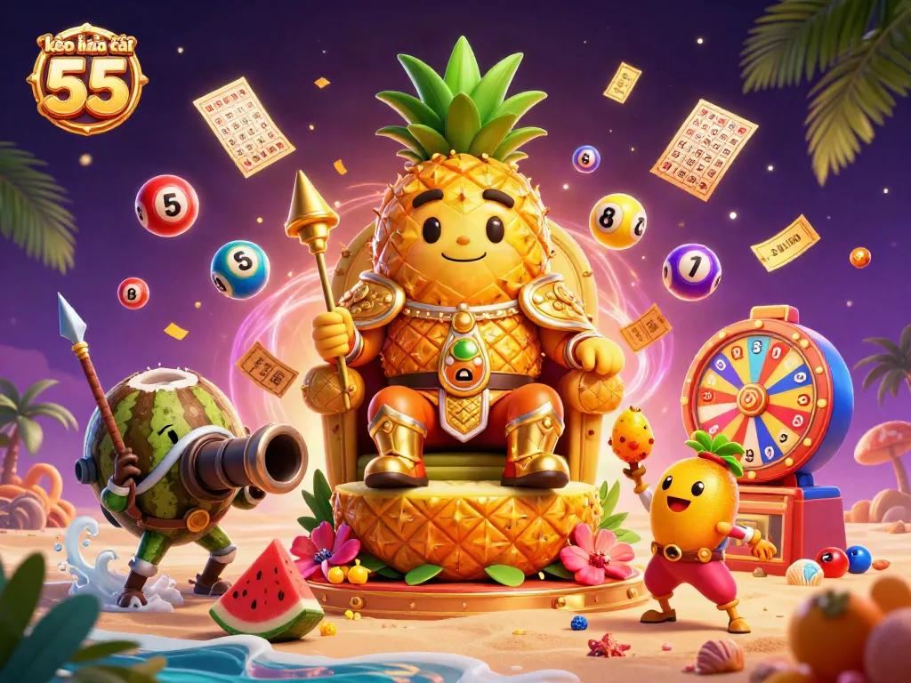 Experience kèo nhà cái 55 with vibrant casino-themed 3D artwork featuring dynamic gambling elements.