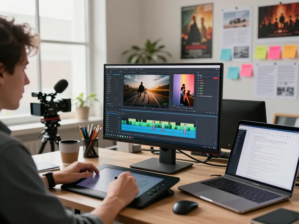Content creator in a vibrant video editing studio generating video to prompt for AI video production.