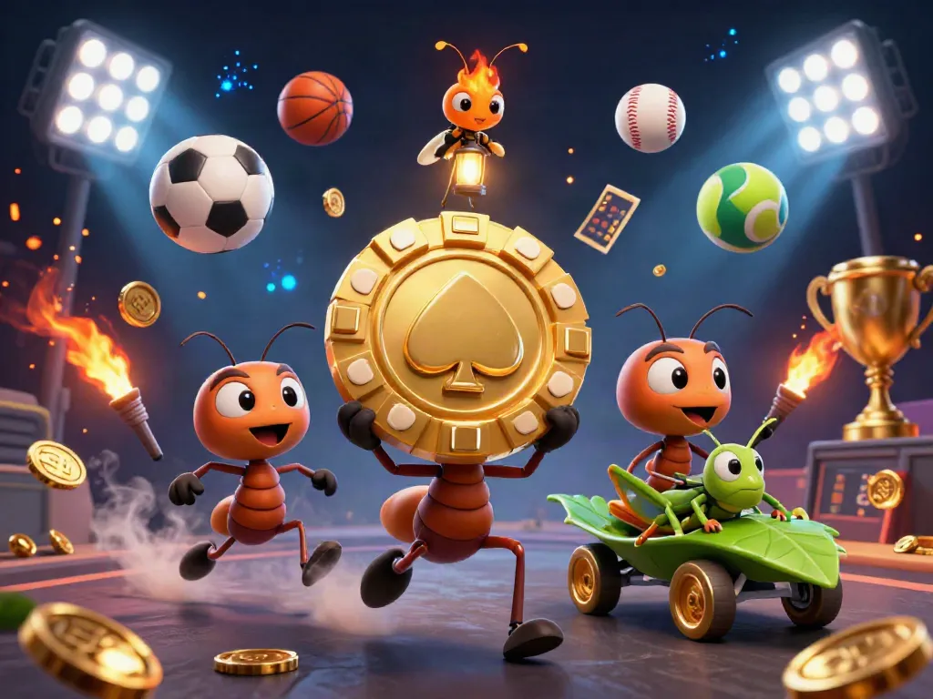 ONE88 showcases a thrilling scene with cartoon ants stealthily escaping with a massive golden poker chip, surrounded by sports elements.