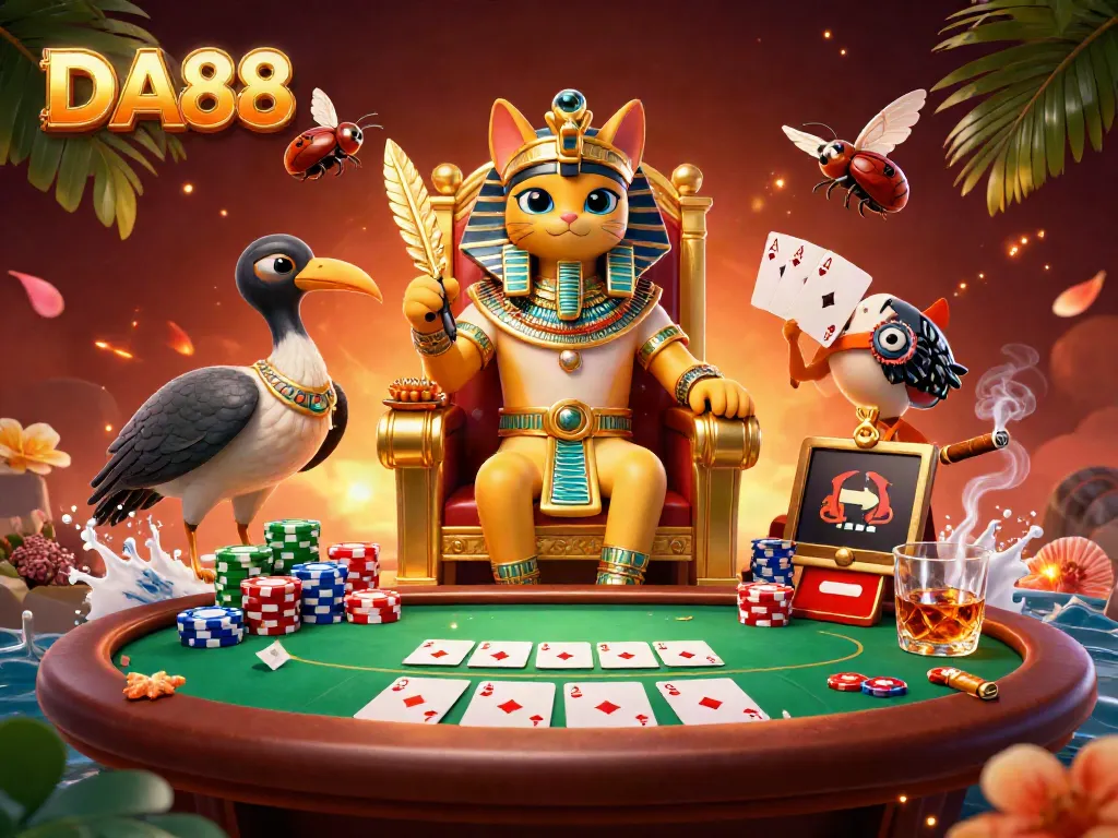 Experience DA88 legendary poker action with a pharaoh cat, lavish chips, and vibrant casino ambiance.