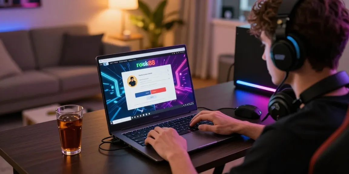 Player using rokok88 login on a laptop in a vibrant gaming environment.