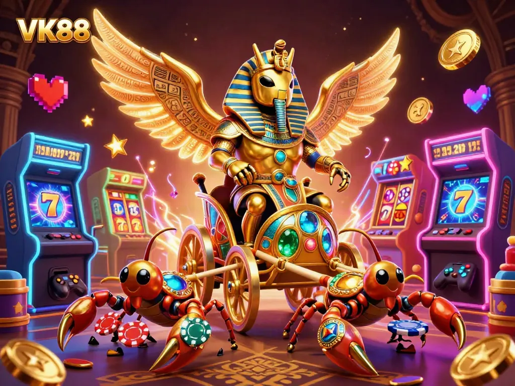 Engage with VK88's thrilling casino experience featuring a golden scarab and dynamic slot elements.