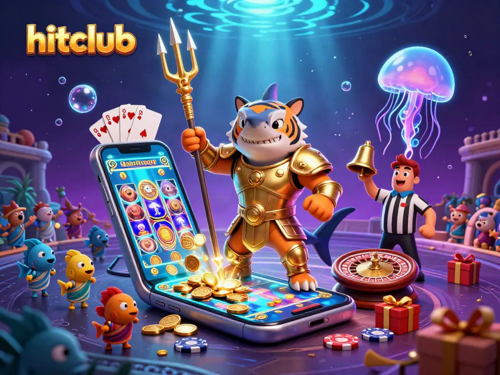 Experience the thrill of hitclub with a 3D cartoon tiger shark in gladiator armor amidst underwater games.