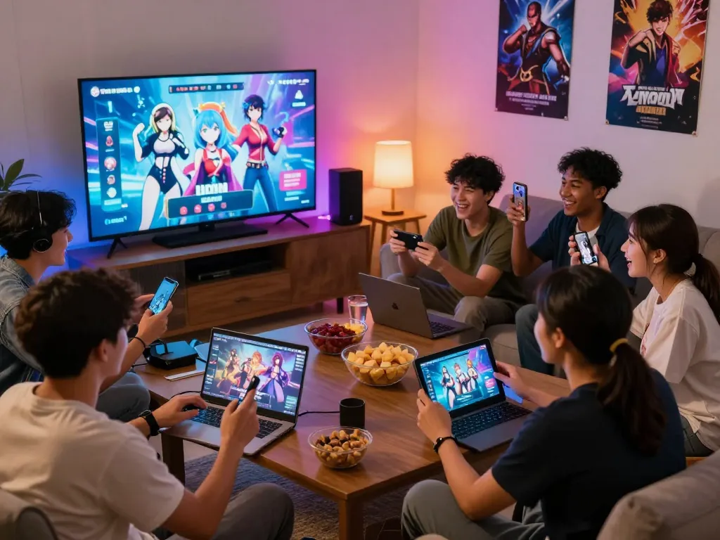 Engaged group enjoying free porn games in a cozy living room atmosphere with digital devices.