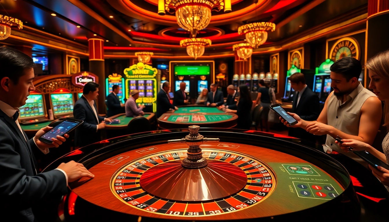 A high-energy gambling scene showcasing a roulette table from https://fc88.de.com/ with players and vibrant casino elements.
