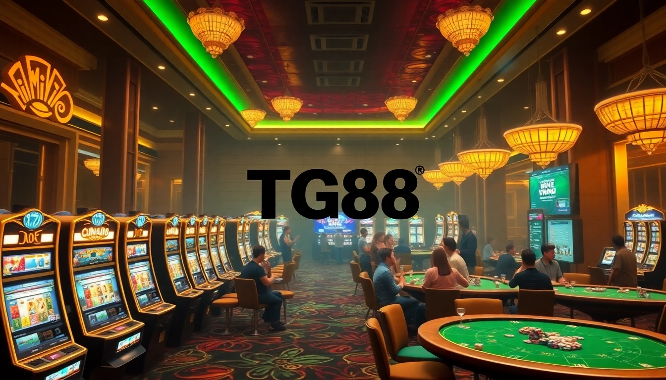 Experience the excitement at TG88 casino with vibrant slot machines and engaged players.