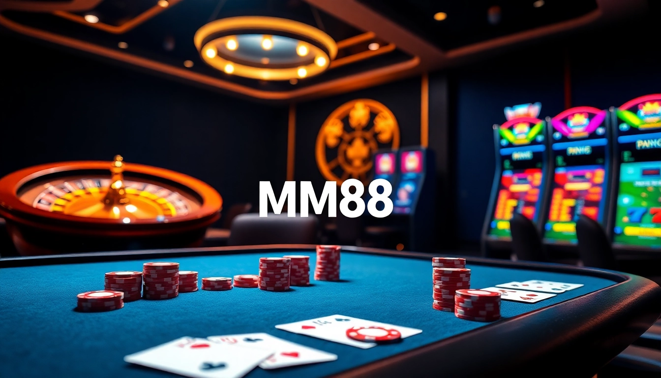Experience the excitement of mm88 in a luxurious online casino setup featuring poker chips and roulette.