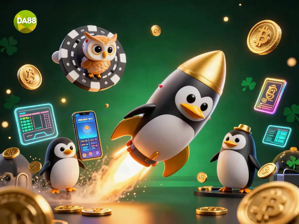 Engage with DA88 as a golden penguin rockets toward a vibrant casino station, embodying dynamic gaming excitement.
