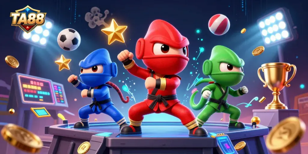 Experience thrilling gameplay at TA88 with our vibrant 3D cartoon illustration featuring chameleon ninjas in action.