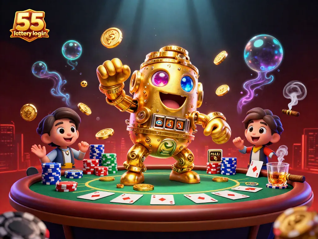 Engage in thrilling action with the 55 lottery login scene featuring a dynamic ancient golden golem and poker elements.