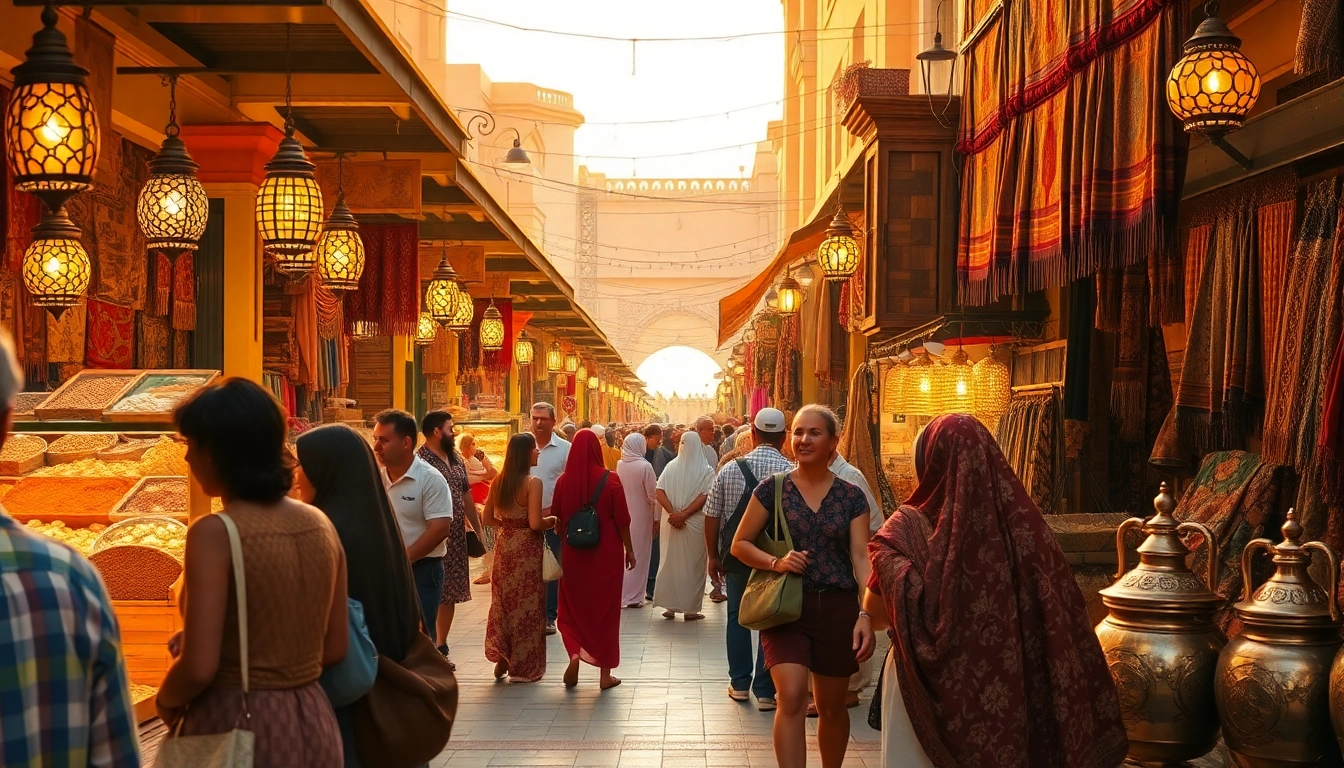 Travel to Dubai: Tourists exploring a colorful marketplace rich in spices, fabrics, and cultural artifacts.