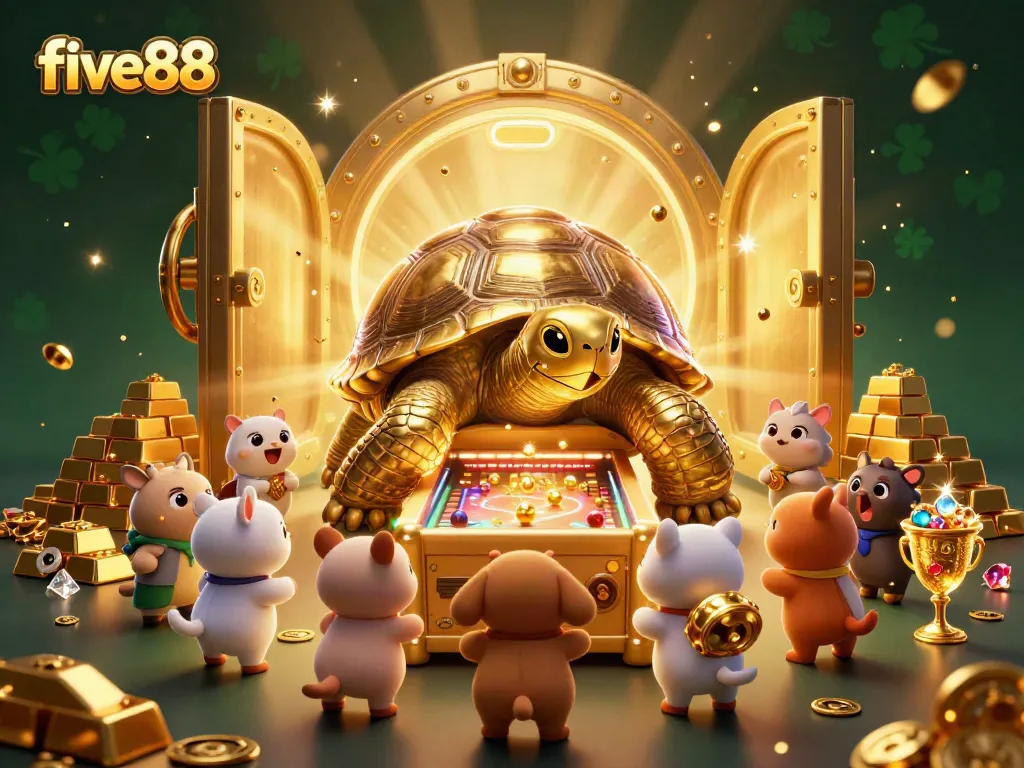Experience the thrilling gameplay of five88 with a vibrant 3D casino scene featuring dynamic characters and treasure elements.