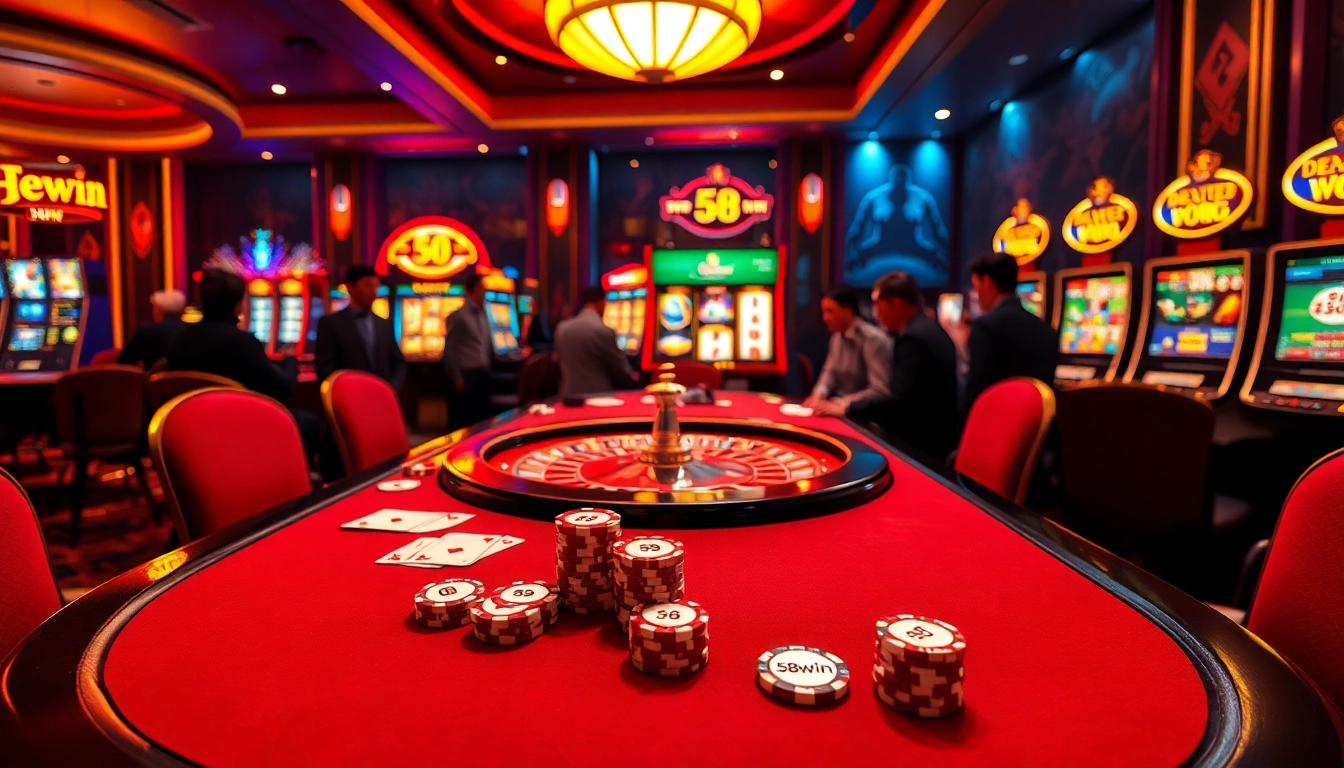 Engaged players strategizing at a poker table in a luxurious 58win casino atmosphere.