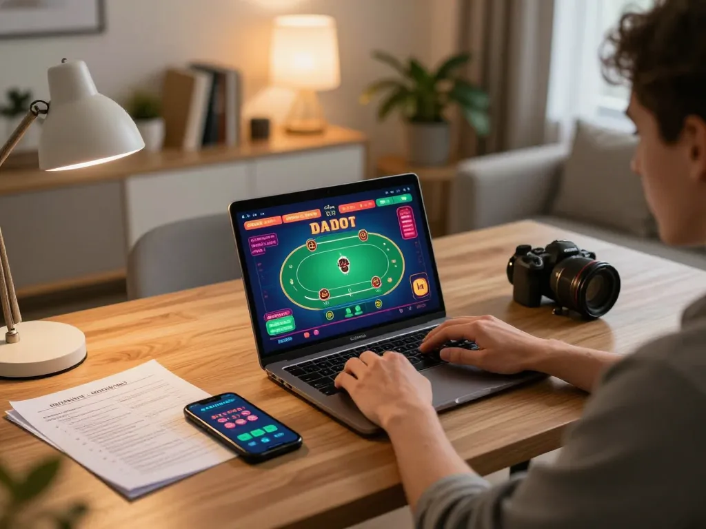 Engaged player using 99wincasino on a laptop in a cozy home office, showcasing strategic gaming.