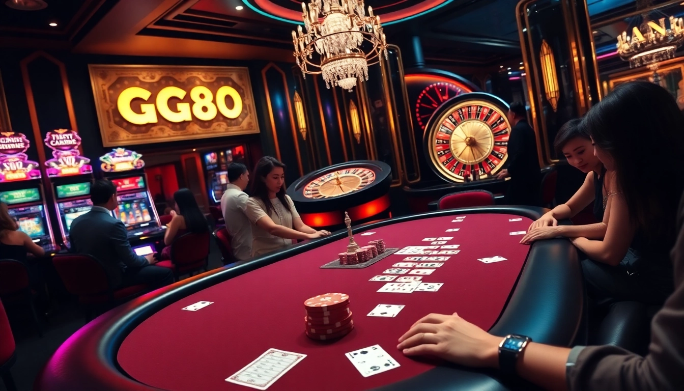 Experience the thrilling atmosphere of GG88 casino gaming with stylish poker tables and vibrant slot machines.