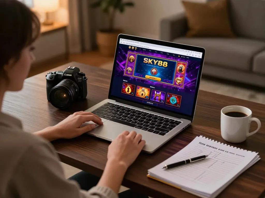 Player engaging with the SKY88 online casino interface in a cozy home setup.