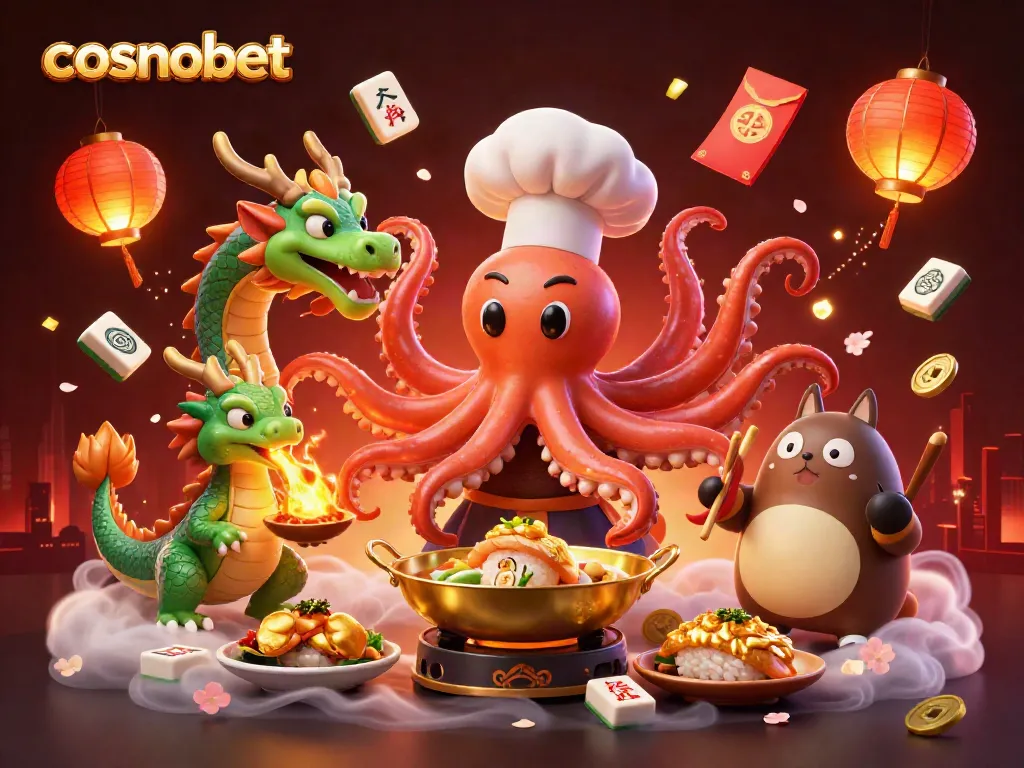 Experience cosmobet’s vibrant 3D gaming scene with an octopus chef, dragon, and tanuki amidst casino elements.