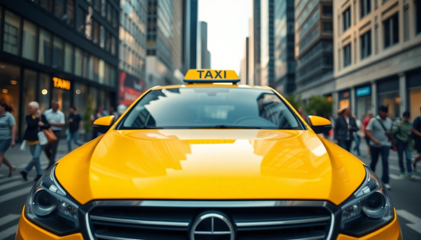Taxi in urban area with vibrant city life, showcasing a bright yellow vehicle.