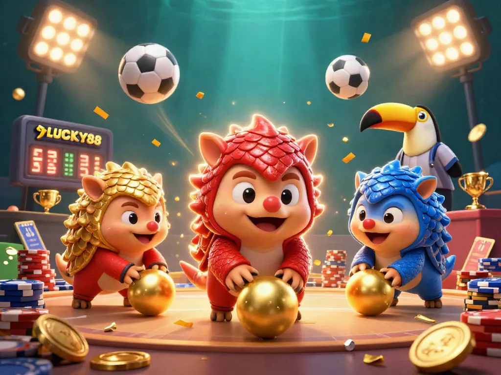 LUCKY88 pangolins compete in a vibrant casino-themed scene with golden coins and confetti