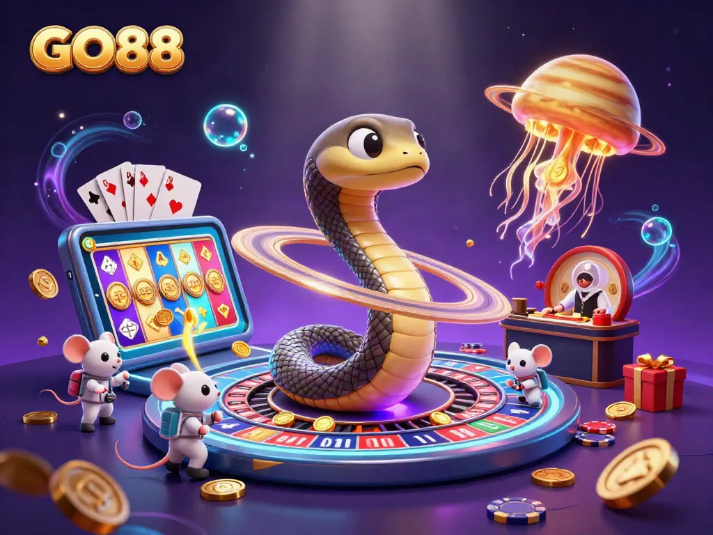 Experience the thrill of GO88 with vibrant slot games and poker action in a cosmic casino.