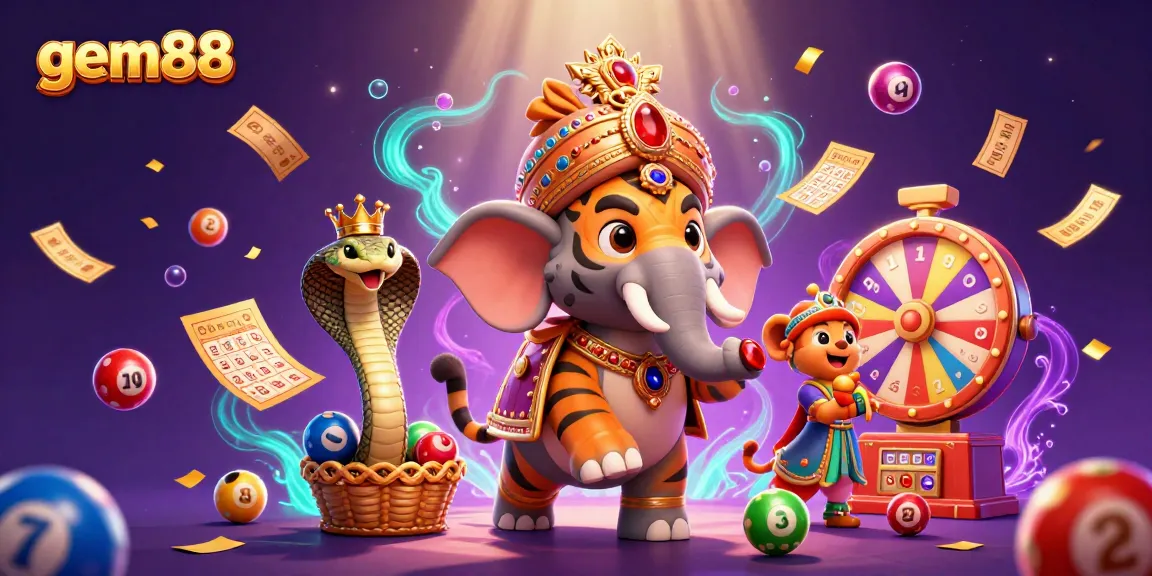 Join the excitement at gem88 with vibrant lottery games and animated characters in a colorful casino scene.