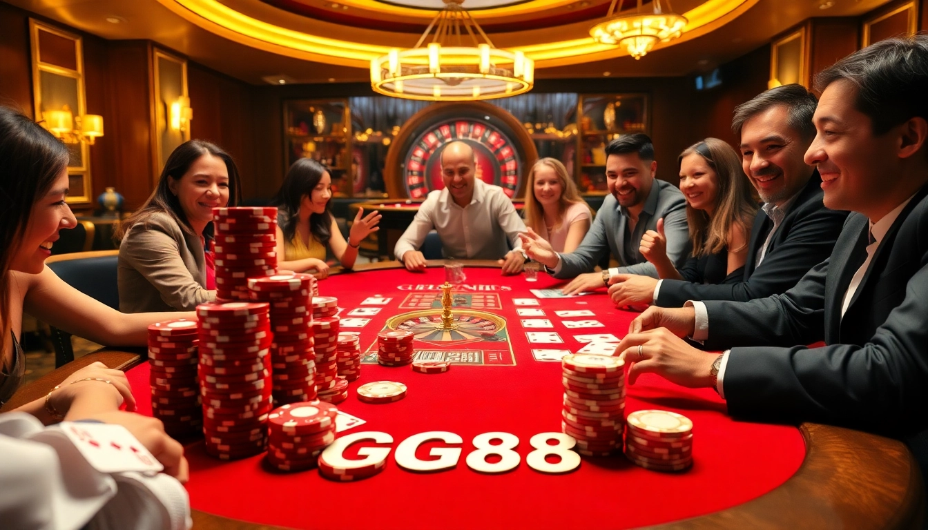 Players enjoying a poker game at GG88's luxurious casino table with vibrant chips and cards.