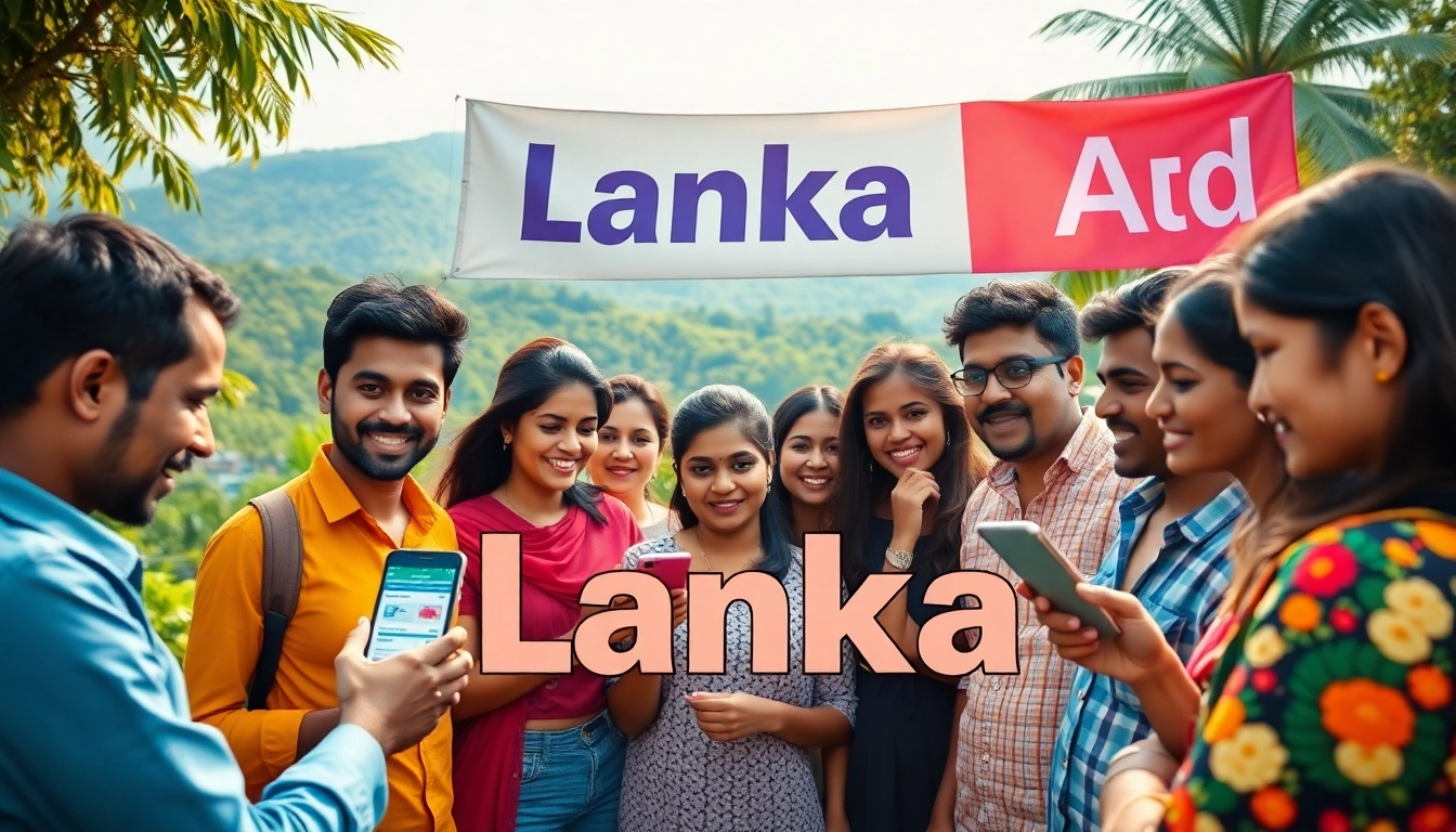 Lanka Ad advertisement scene with diverse people engaging with ads in Sri Lanka's natural landscape.